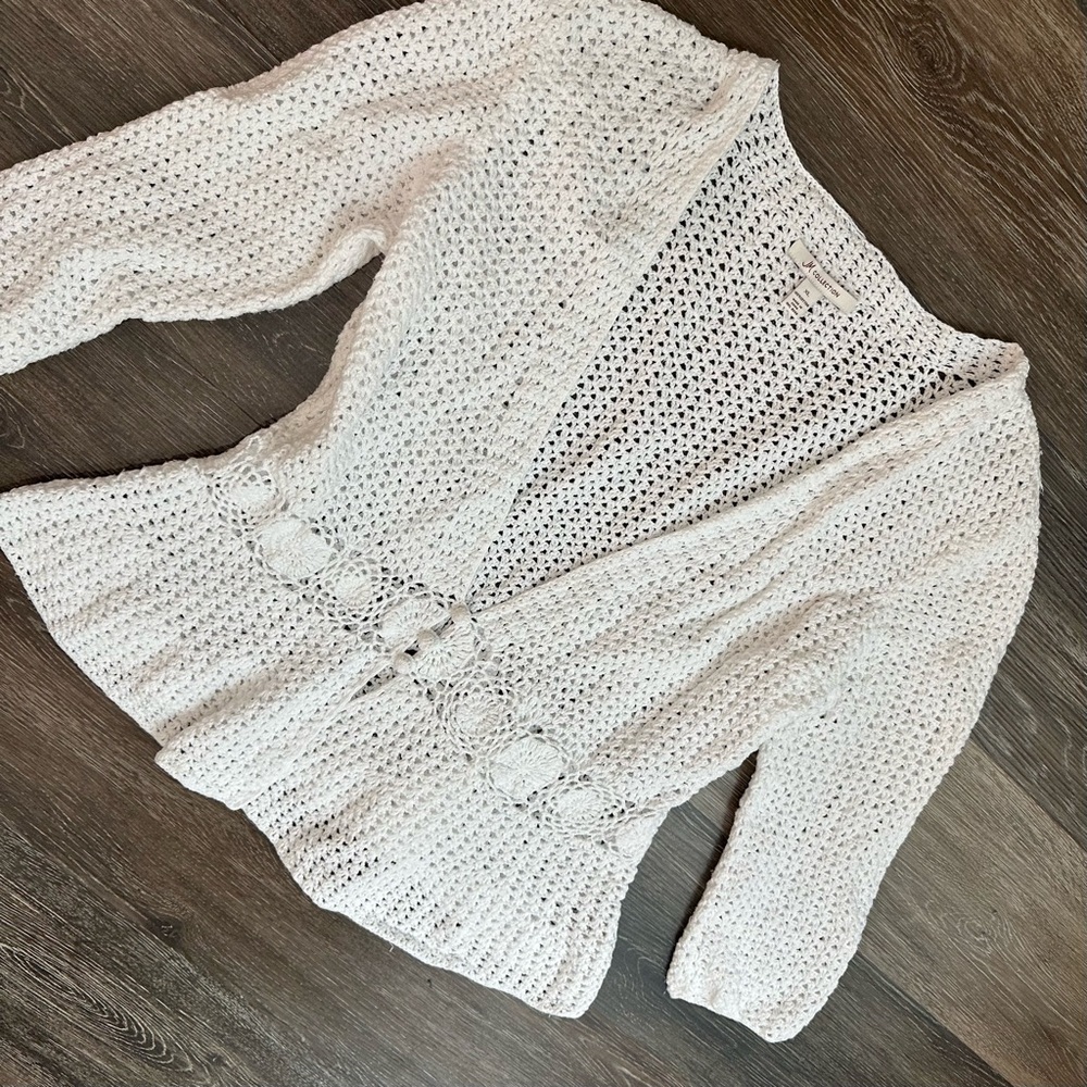 JM Collection White Crochet Lace Cardigan XL Boho Coastal Cottagecore Knit - Picture 2 of 8